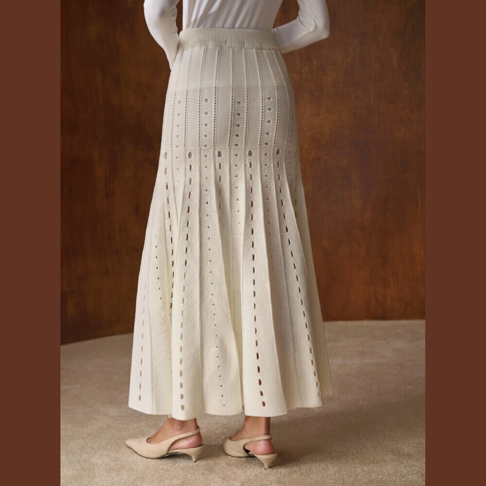 Cream Pointelle Knit Flared A-Line Maxi Skirt with Eyelet Stripes - Picture 3 of 8